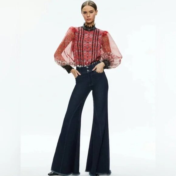 Alice + Olivia Bettina Blouson Sheer Sleeve Blouse Allure Medallion XS - Picture 4 of 17